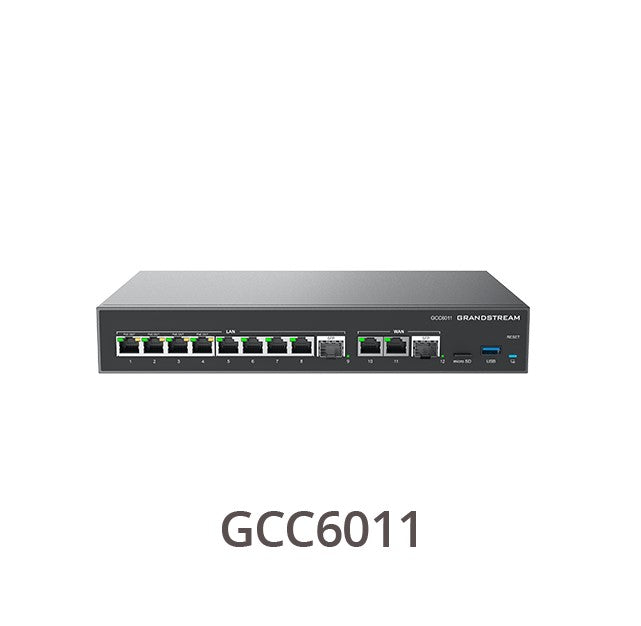 Grandstream GCC6011, 2 x 2.5 Gigabit SFP port and 10 x Gigabit Ethernet ports, Built-in IP PBX provides voice and video communications Grandstream GCC6011, 2 x 2.5 Gigabit SFP port and 10 x Gigabit Ethernet ports, Built-in IP PBX provides voice and video communications